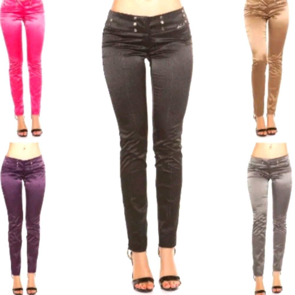 KouCla Women's Eyelet Slim Skinny Pinestripe Satin Pant NWT sz L